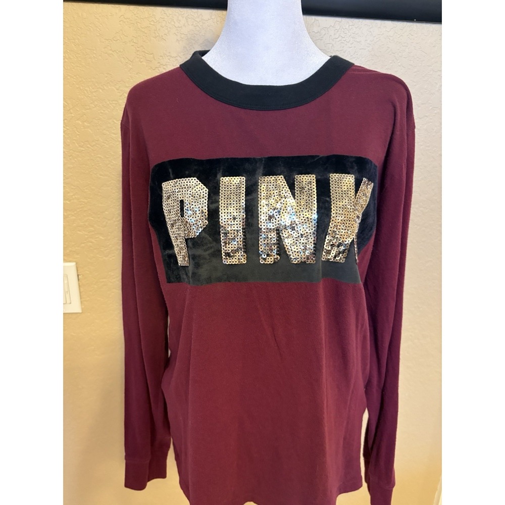 Victoria Secret Pink Bling Long Sleeve Crew Neck Tee, medium Maroon